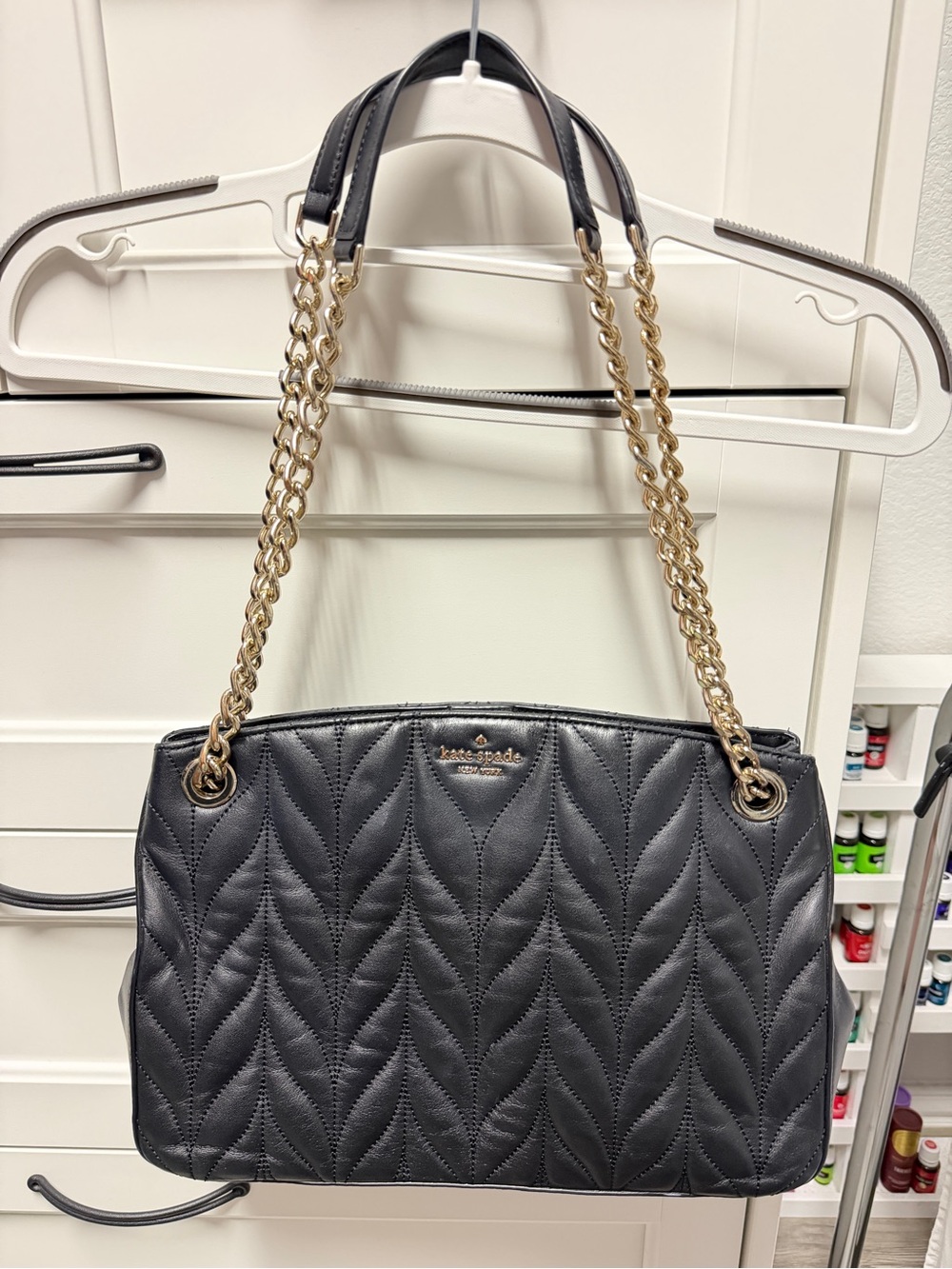 Kate Spade Black Quilted Leather Reece Park Bag with Gold Chain Handles
